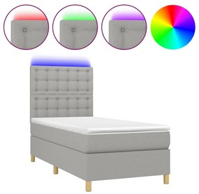 Letto a molle materasso e led grigio chiaro 90x200 cm tessuto