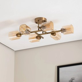 Avonni Plafoniera Horia oro antico/ambra 80x40 cm vetro/metallo a 6 luci