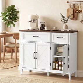 Credenza da Cucina 110x35x80,5 cm con 3 Ante a Fienili 2 Cassetti e 2 Ripiani Regolabili in Legno Bianco...