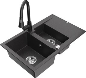 Mexen Gaspar lavello in granito con 1,5 vasche e sgocciolatoio e rubinetto da cucina Elia, nero punteggiato - 6507-76-670101-70