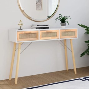 Tavolo Consolle Bianco 105x30x75 Massello Pino Rattan Naturale /