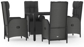 Set da pranzo da giardino 5 pz nero con cuscini in polyrattan