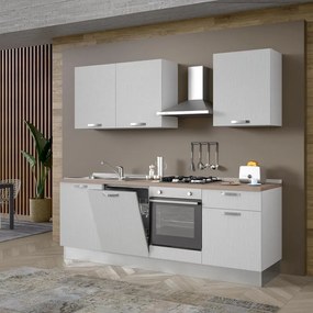 Cucina montata Dora bianco spatolato, lavello a sinistra, L 240 cm, completa di: cappa a camino, piano cottura a gas, forno e lavastoviglie