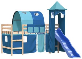 Letto a soppalco con torre bambini blu 80x200cm massello pino