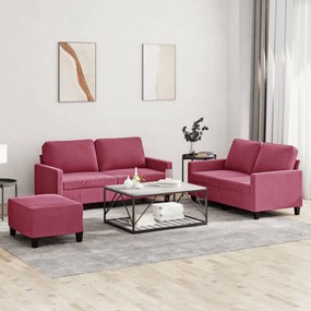 Set Di Divani 3 Pz Con Cuscini Rosso Vino İn Velluto /