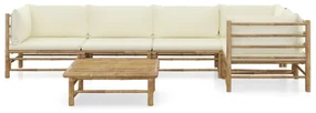 Set divani da giardino 6 pz con cuscini bianco crema in bambù