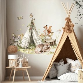 Adesivo murale Woodland - Tenda Teepee e animali della foresta | Inspio