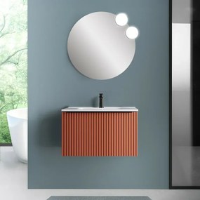 Mobile bagno sospeso 80 cm color terracotta opaco cannettato con cassetto, specchio e lavabo Nara