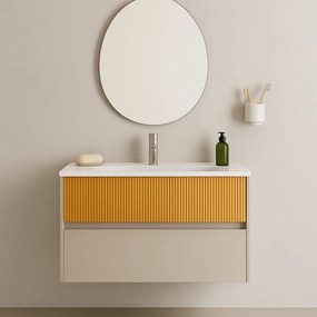 Mobile da bagno sospeso sotto lavabo Niwa 2 cassetti L 89.5 x H 50 x P 45.5 cm sabbia e senape cannettato