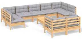 Set divani da giardino 10 pz con cuscini grigi massello di pino