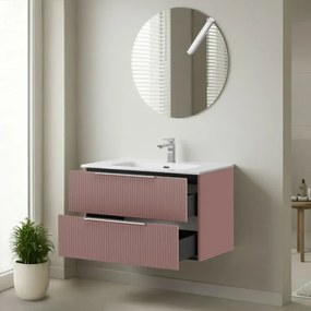 Mobile bagno sospeso 80 cm rosa cannettato con lavabo e specchio tondo Zena