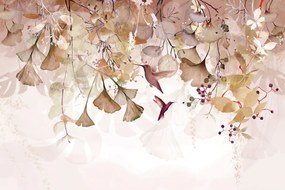 Carta da parati – Foglie con Colibrì in Marrone-Rosa
