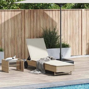 Lettino Prendisole Con Ruote E Cuscino İn Polyrattan Beige /