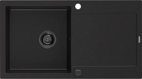 Mexen Leo lavello in granito 1 vasca con scolapiatti 900 x 500 mm, nero, sifone nero - 6501901010-77-B