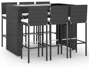 Set bar da giardino 7 pz con cuscini in polyrattan nero