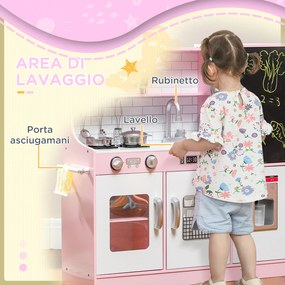Cucina Giocattolo per Bambini 3-8 Anni con Fornelli Microonde Lavandino in Legno Rosa...