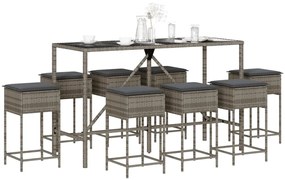 Set bar da giardino 9 pz con cuscini in polyrattan grigio