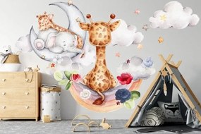Adesivo murale con un elefante e una giraffa tra le nuvole 100 x 200 cm