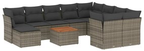 Set divani da giardino 11 pz con cuscini in polyrattan grigio