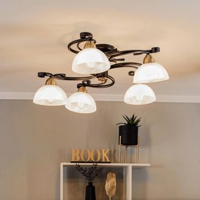 Luminex Plafoniera Flora, 5 paralumi in vetro, nero/ottone