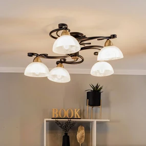 Luminex Plafoniera Flora, 5 paralumi di vetro, nero/ottone