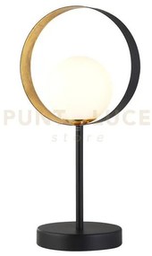 Lampada da tavolo orbital - metallo nero, foglia oro e vetro opalino