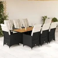 Set da Pranzo da Giardino 9 pz con Cuscini Nero in Polyrattan 3276689