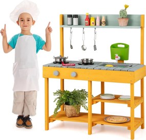 Costway Cucina per bambini da esterno con serbatoio d'acqua, Cucina giocattolo con rubinetto realistico e accessori per giardino