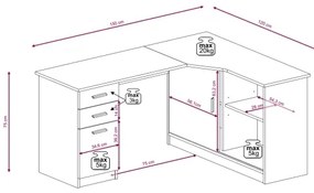 Scrivania con mensola e cassetti ROBERTO lato sinistro rovere artisan/bianco