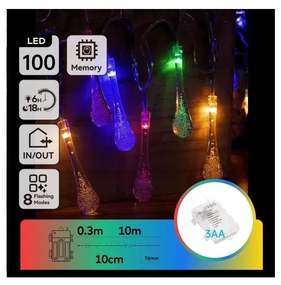 Aigostar - Catena luminosa natalizia da esterno a LED RGBY 100 LED/8 funzioni 3xAA 10m IP44 gocce