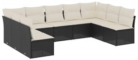 Set divani da giardino 9 pz con cuscini nero in polyrattan