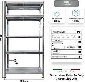 Scaffale in Metallo 5 Ripiani 120x40x195 cm Maciste Zincato...