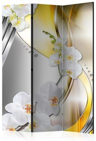 Paravento design Viaggio giallo - orchidee bianche su sfondo argento e giallo
