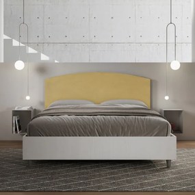 Letto contenitore da 160x190 in legno bianco e testata in microfibra ocra Antilia