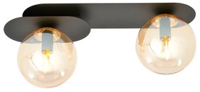 Plafoniera Minimal 2 Luci Teia In Acciaio Nero E Sfere Vetro Ambra