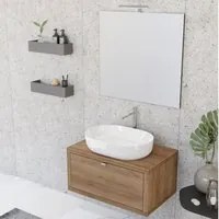 Composizione bagno sospesa Nyumba a 1 cassetto con lavabo, specchio e lampada LED 80x40 cm legno rovere