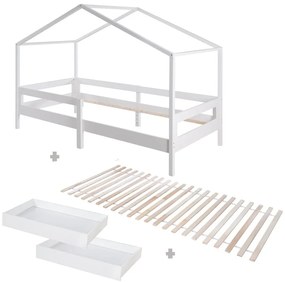 Letto da bambini a forma di casa bianco in legno massiccio con contenitore con rete inclusa 90x200 cm – Roba