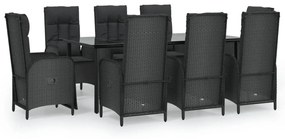 Set da pranzo da giardino 9 pz con cuscini nero in polyrattan