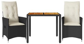 Set da bistrò 3 pz con cuscini nero polyrattan e legno acacia