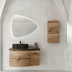 Mobile Bagno Sospeso Curvo 105 Cm Due Cassetti Un Anta Specchio Con Illuminazione Led 85x100 Cm Savini Due "Dolce Vita" Rovere Oro/Grigio