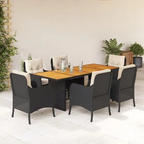 Set da pranzo da giardino 7 pz nero con cuscini in polyrattan