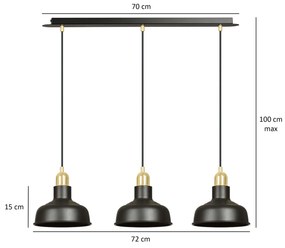 Lampadario Industrial 3 Luci Kubera In Acciaio Nero Con Elementi In Oro