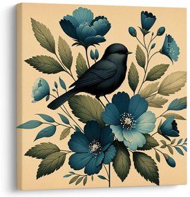 Quadro su tela – Uccellino su ramo con fiori blu