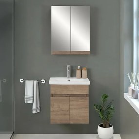 Mobile bagno sospeso 55cm rovere scuro con specchio contenitore Mona