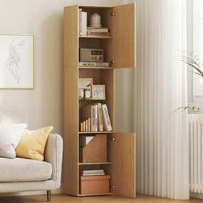 Mobile da Bagno a Colonna Slim 40x31x182H cm 6 Ripiani 2 Ante e Ripiano in Vetro Temperato in MDF Rovere...