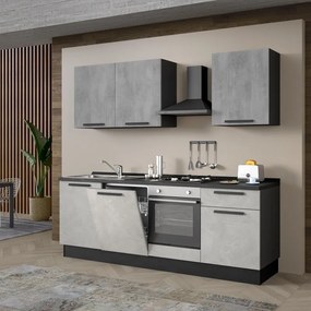 Cucina montata Dora bianco e grigio chiaro, lavello a sinistra , L 240 cm, completa di: cappa a camino, piano cottura a gas, forno e lavastoviglie