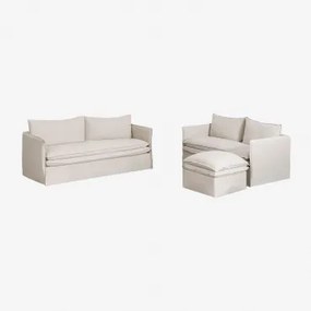 Set Soggiorno Con Divano 2 Posti, Divano 3 Posti E Pouf In Lino E Cotone Grace Tessuto Beige - Sklum