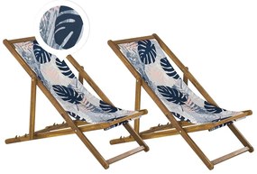Set di 2 sedie a sdraio legno acacia chiaro motivo foglie tropicali blu ANZIO Beliani