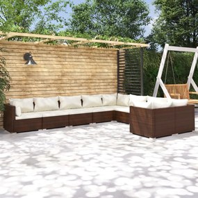 Set divani da giardino 9 pz con cuscini in polyrattan marrone