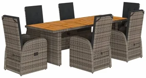 Set da pranzo da giardino 7 pz con cuscini in polyrattan grigio